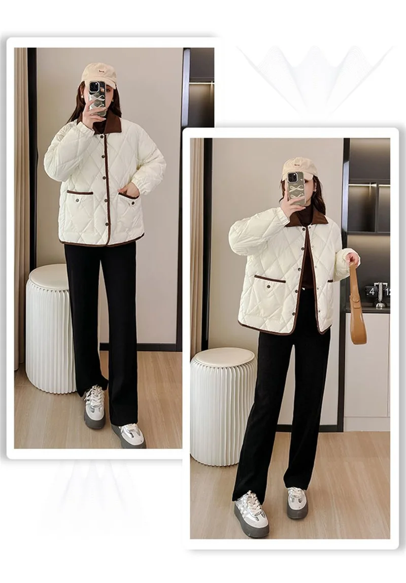 Autumn Winter Overcoat PU Leather Cotton-padded Jacket Women's Rhombic Lattice Short Coats Female Warm Outerwear No-wash Parkas