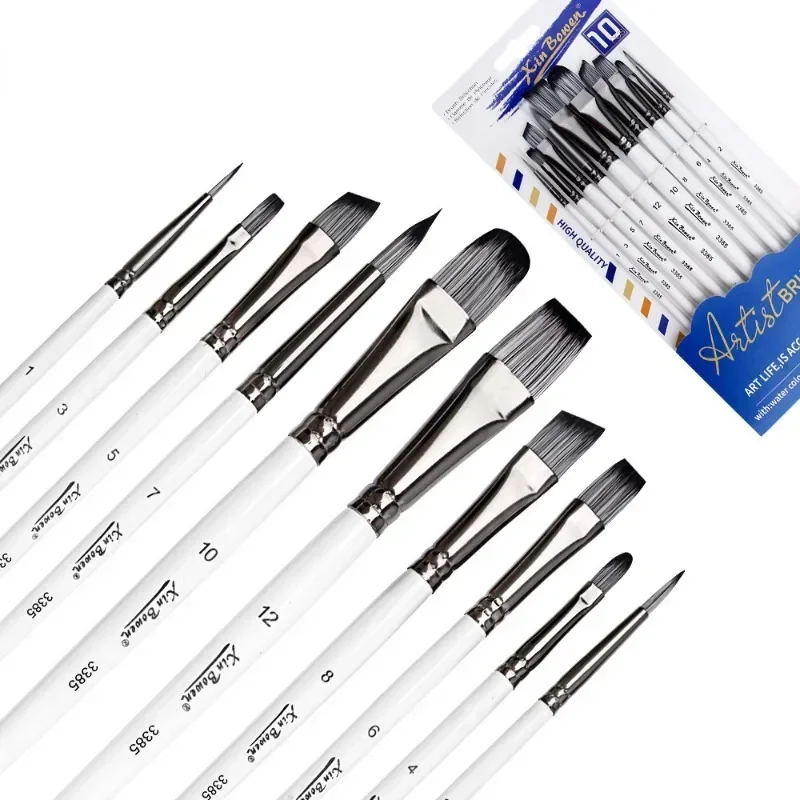 10Pcs Nylon Hair Painting Brushes Black Aluminum Tube Wood Rod Brush Set Acrylic Gouache Oil Watercolor Painting Drawing Brush 5
