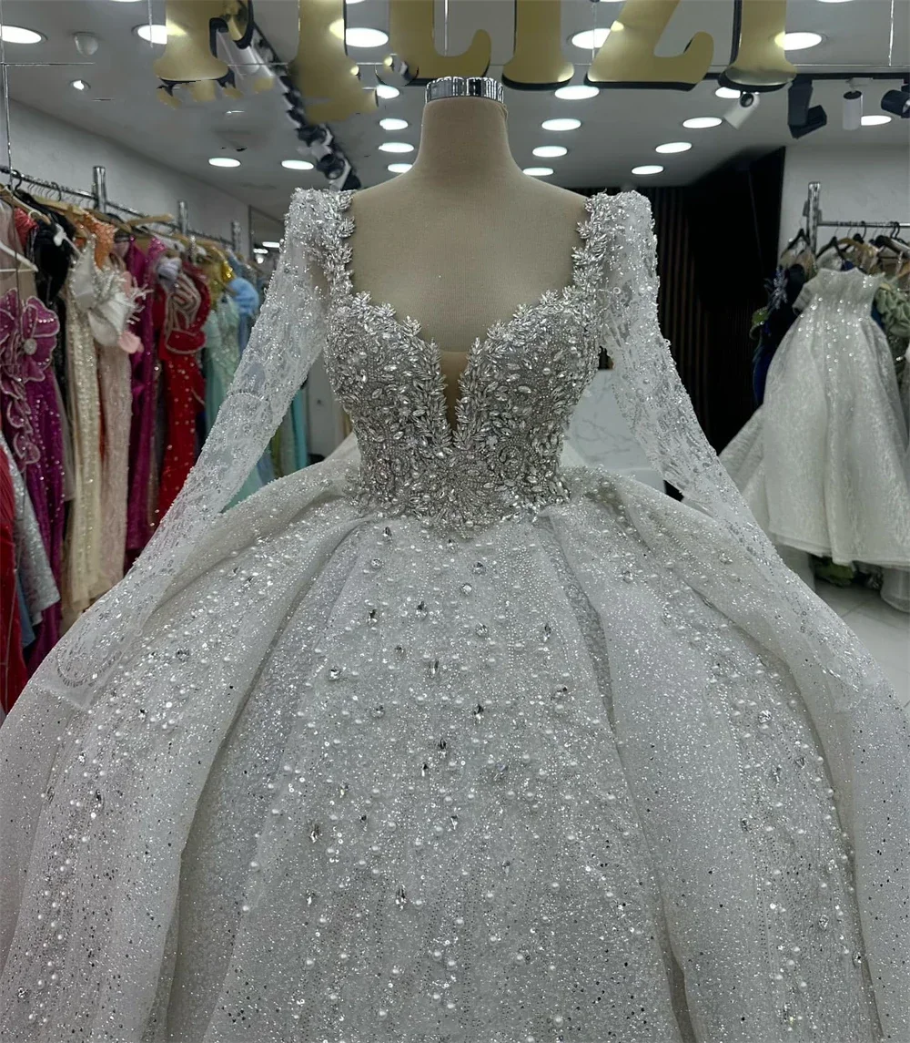 Customized Luxury Princess Wedding Dresses Sweetheart Neck Long Sleeves Vestido De Novia Lace Sequined Bride Robe De Mariee