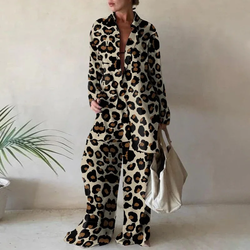 2 Piece Set Women Top and long Pants 2022 Elegant Blouse Leopard Print Casual Loose Outfits Streetwear Fashion Matching Sets