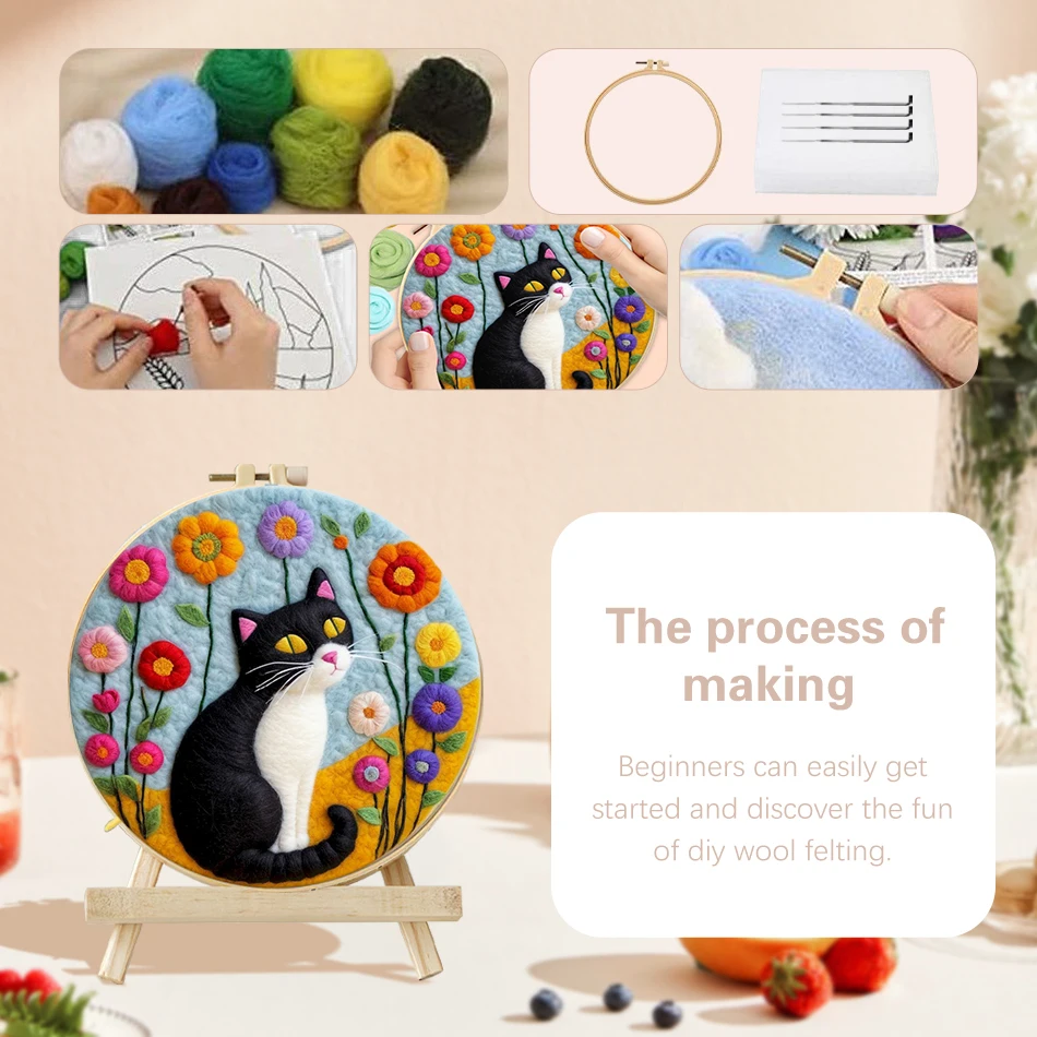 CHENISTORY Diy Felt Kit Wool Felting Painting With Frame Animal Cat Wool Needle Felt Picture Kit Felt Craft New Gift 20x20cm