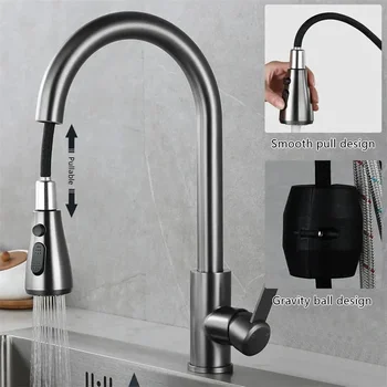 Rubinetti da cucina Acciaio inossidabile 304 Estraibile Lavello da cucina Rubinetto per acqua Miscelatore da piano Miscelatore Spruzzatore a flusso Testa Rubinetti caldi e freddi 1