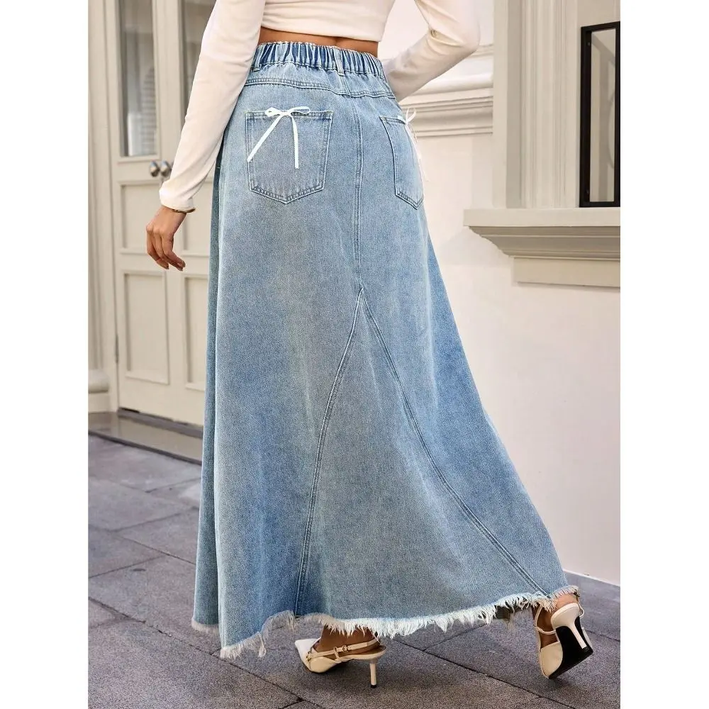 Jupe longue en jean délavé bleu classique pour femme, taille élastique, coupe trapèze décontractée, idéale pour l'été et le quotidien