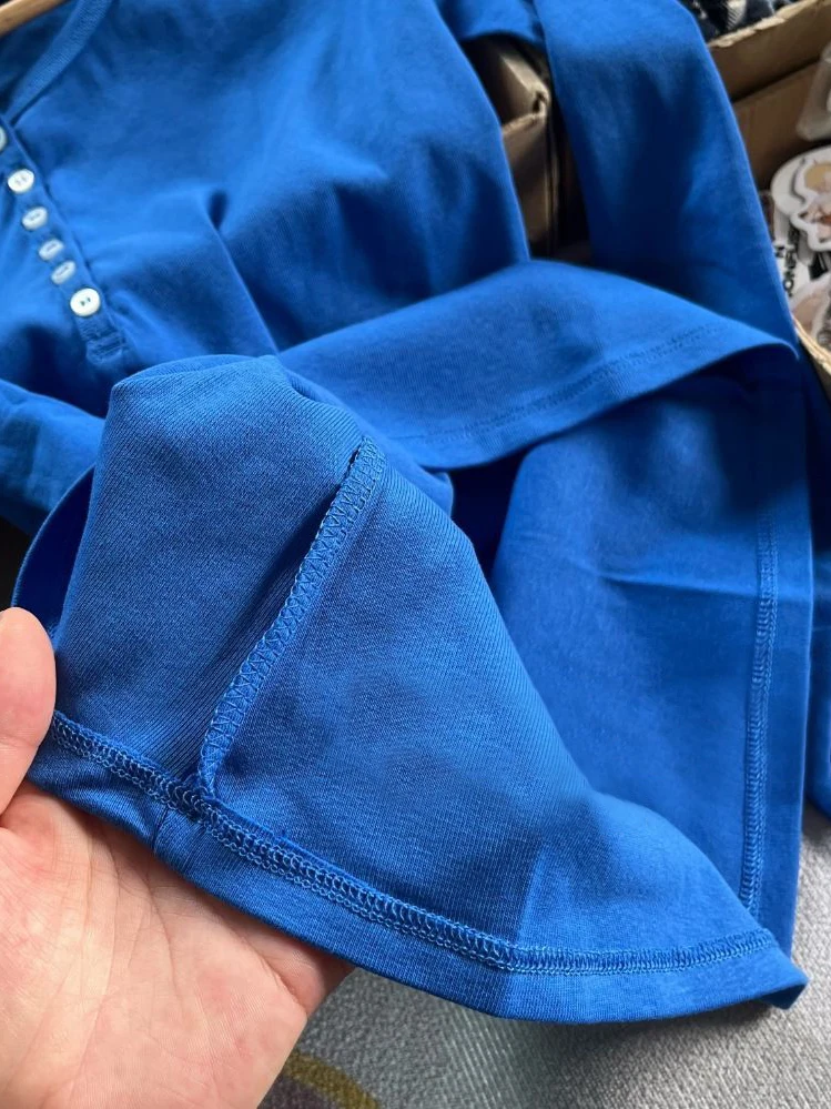 Six Buttons Royal Blue Long Sleeve T-shirts Women Autumn O-neck Cotton Slim Tee Tops New Preppy Style Solid Simple Basic Tshirts 6