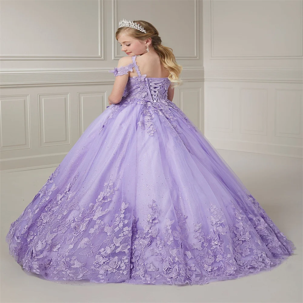 Flower Girl Dress Lilac Puffy Wedding Tulle With Applique Thin Shoulder Strap Princess Dresses Kids Party Birthday Ball Gown