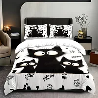 3pc Black Cat Printed Bedding Set with Coreless, Soft and Comfortable Multi Size Machine Washable 1 Duvet Cover+2 Pillowcases