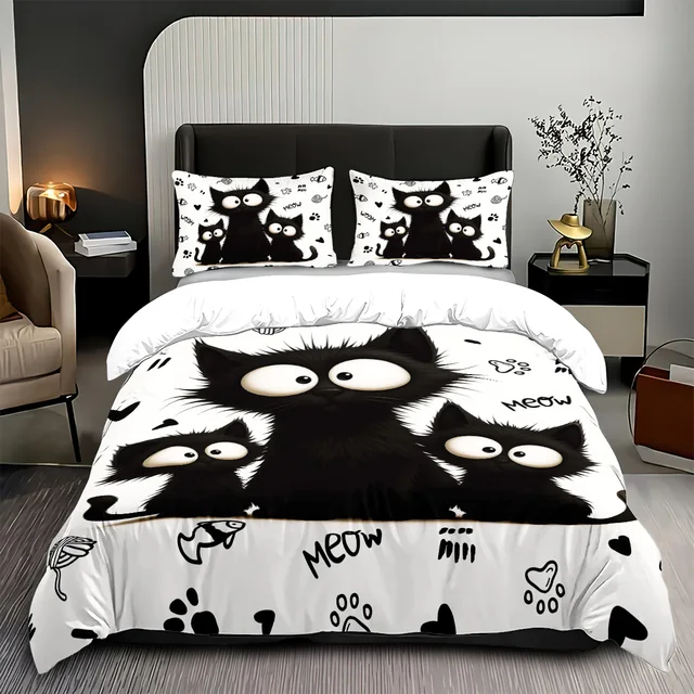 3pc Black Cat Printed Bedding Set with Coreless, Soft and Comfortable Multi Size Machine Washable 1 Duvet Cover+2 Pillowcases