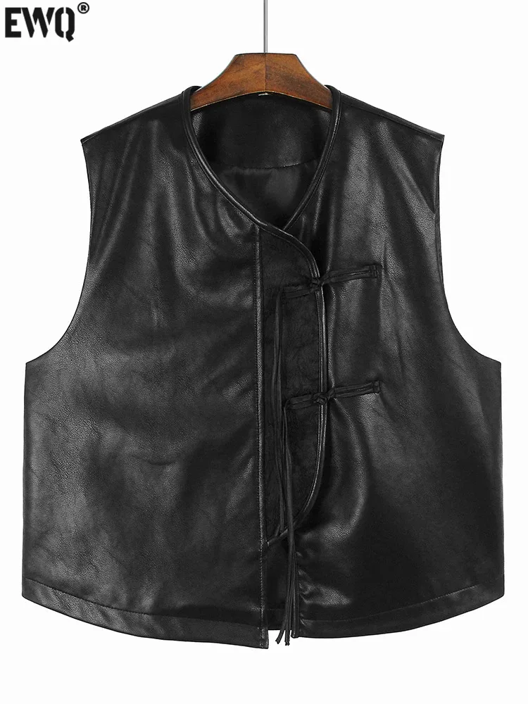 

[EWQ] Chin Style Buckle PU Leather Casual All Match Vest Vintage Fashion Loose Sleeveless Top Women 2024 Spring Autumn 16U7470