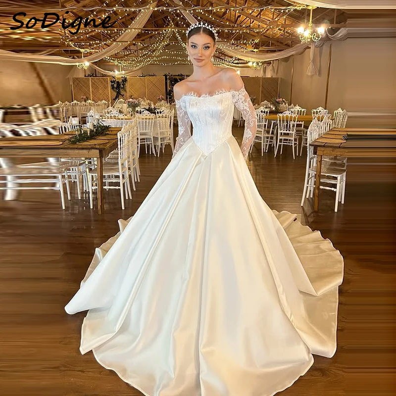 SoDigne A-line Off Shoulder Wedding Dresses Full Sleeves Satin Bridal Dress Long Wedding Gown Robe De Mairee Customized