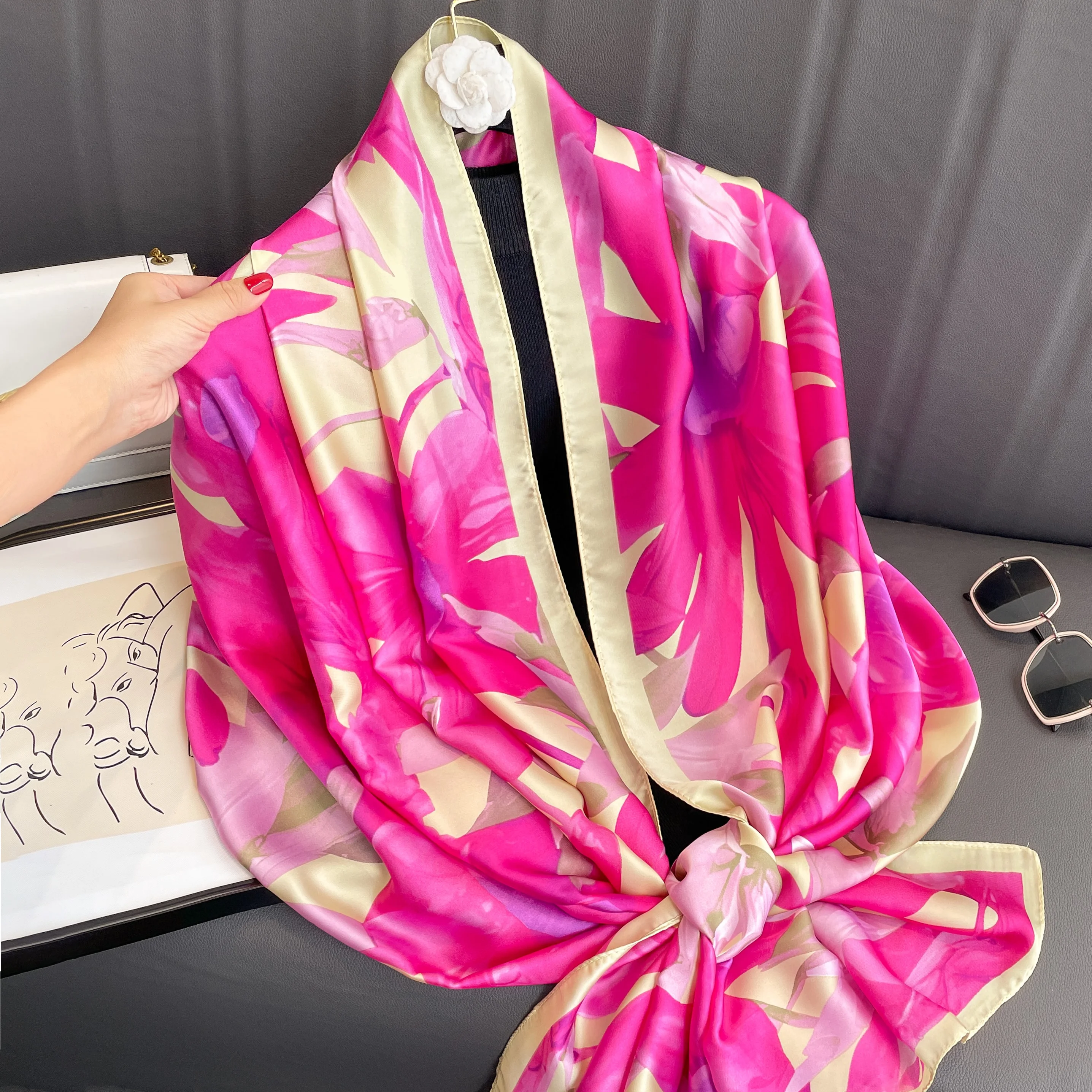 Women The Four Seasons Bandanna Popular Style 180X90CM Scarves Beach Sunscreen Luxury Silk Scarf 2023 New Design Square Shawls 5