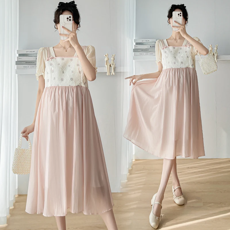 

M-4XL Plus Size Pregnancy Summer Dress Short Sleeve Square Collar Lace Patchwork Bowknot Maternity Elegant Dress Princess Dress
