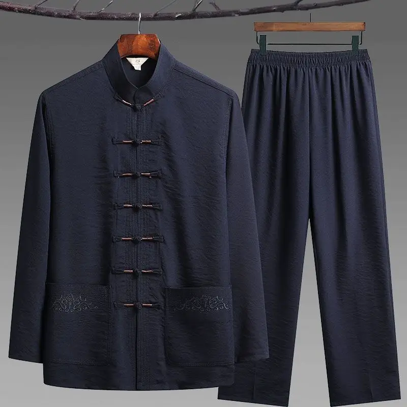 Men Hand Button Tang Suit Shirt & Pants Cotton Linen Vintage
