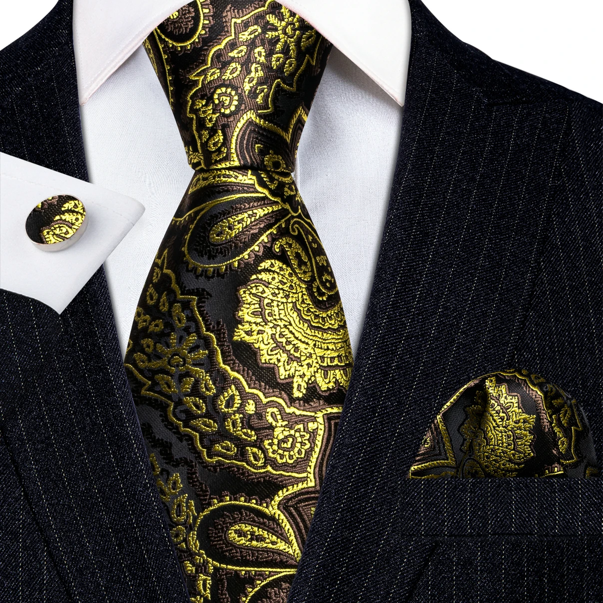 

Luxury Ties for Men Gold Black Floral Silk Necktie Pocket Square Cufflinks Set Wedding Accessories Gift Corbata Barry·Wang 6184