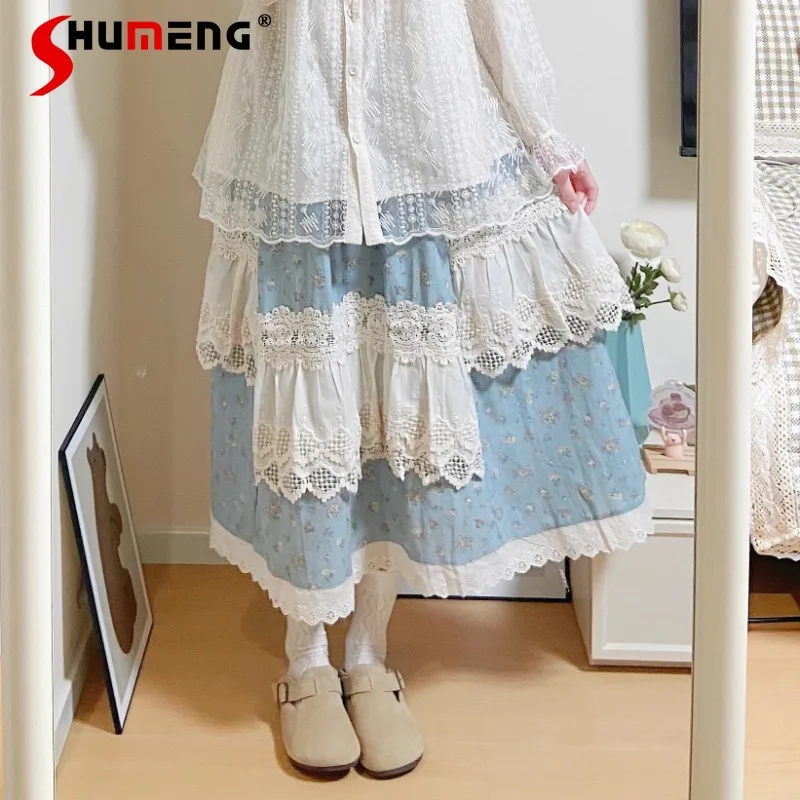 New Retro Blue Floral Sweet Lace Stitching Skirt Spring Girl Versatile Japanese A-line Skirts Pastoral Style Women's Clothing