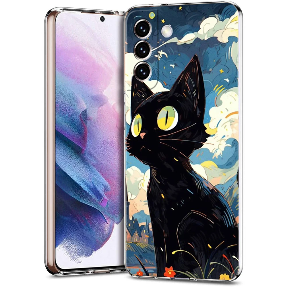 Starry Night Black Cat Artistic Phone Case – Clear Cover