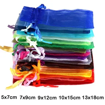 50/100pcs Colorful Organza Gift Bag 5x7 7x9 9x12 10x15 13x18cm Party Wedding Favors Candy Jewelry Packaging Drawstring pouches 1