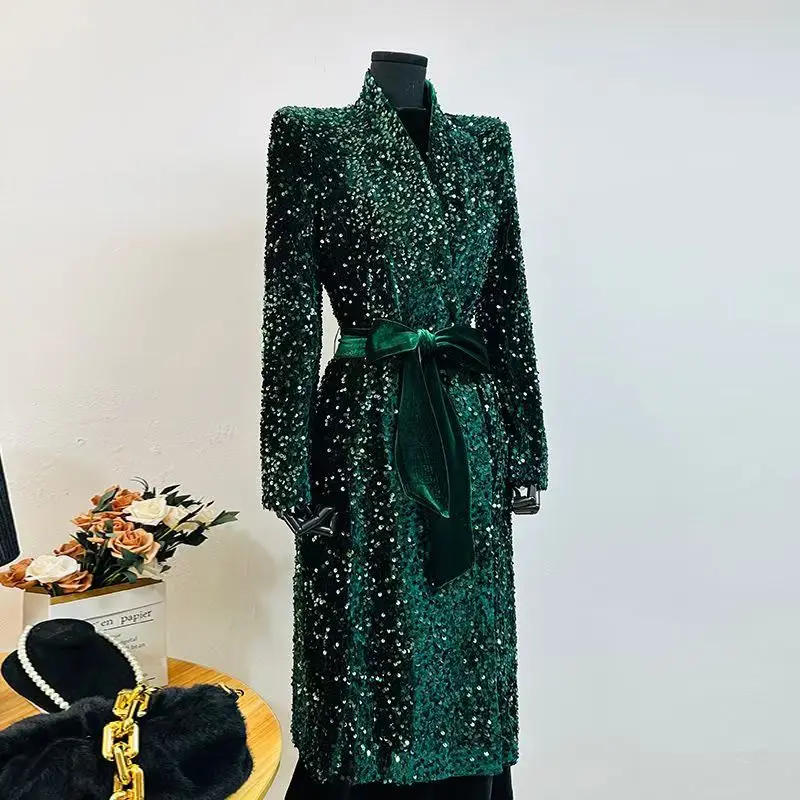 Autumn Winter blackish green velvet Shiny long coat women Stand collar Versatile noble temperament slim fit lady coat Trend