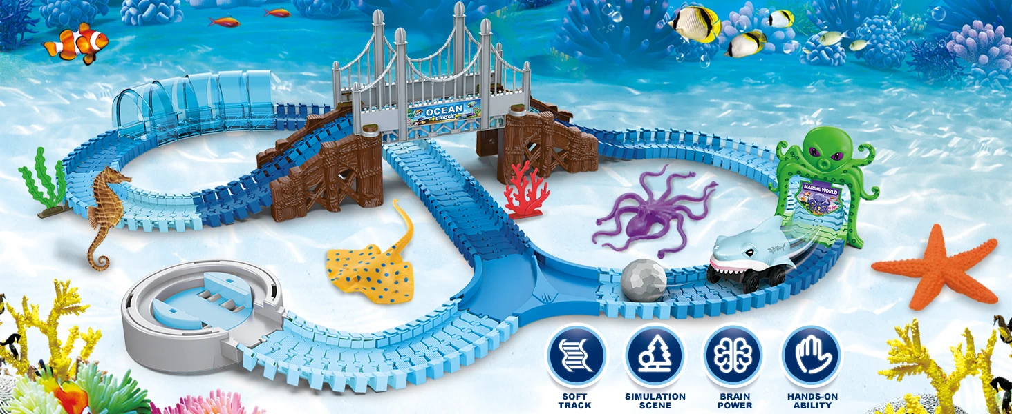 VATOS Track Toys-Shark Rennwagen, flexibel, biegbar, mit Ball, Ozean-Themen-Zug, STEM-Lernspielset, Geburtstagsgeschenk für Kinder – Detail 1