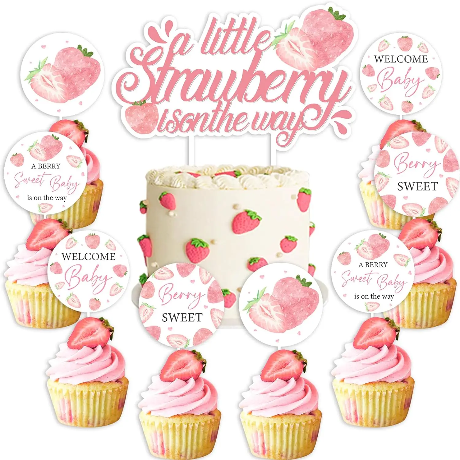 

Strawberry Cupcake Toppers, Sweet Baby is on the Way Cupcake Picks, Gender Reveal Party Decor Supplies, A Berry, 25PCs