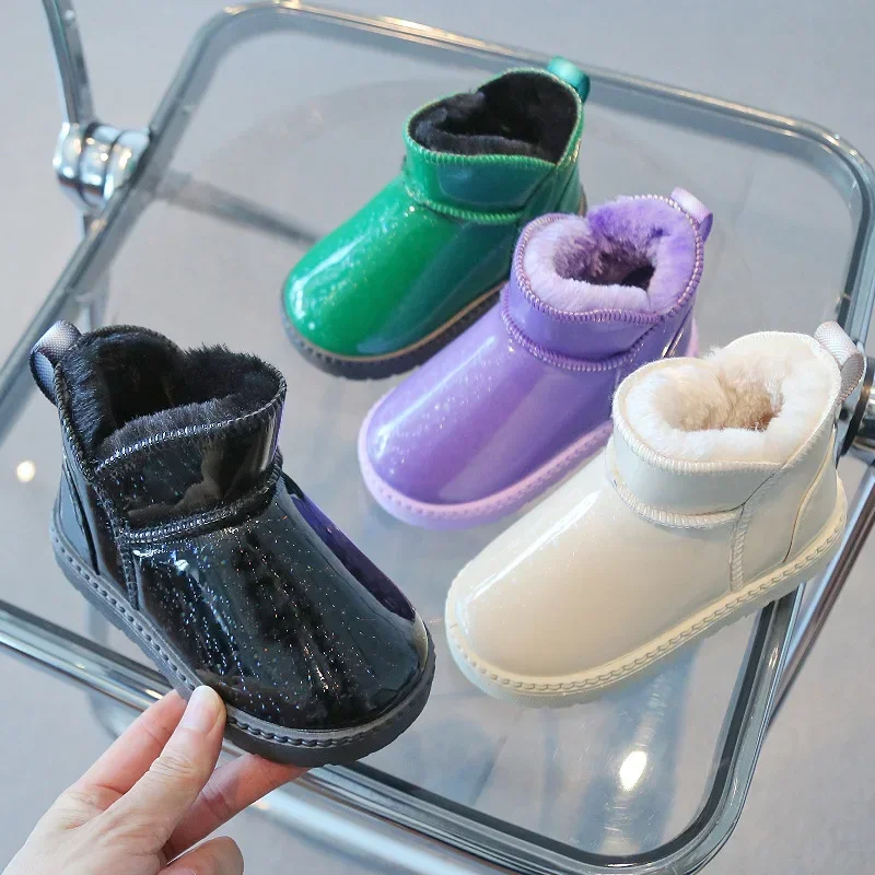 

New Winter Kids Pure Color Waterproof Clear Ankle Boots Furry PU Leather Warm Snow Boots Non-slip Boys Girls Short Boots 2023