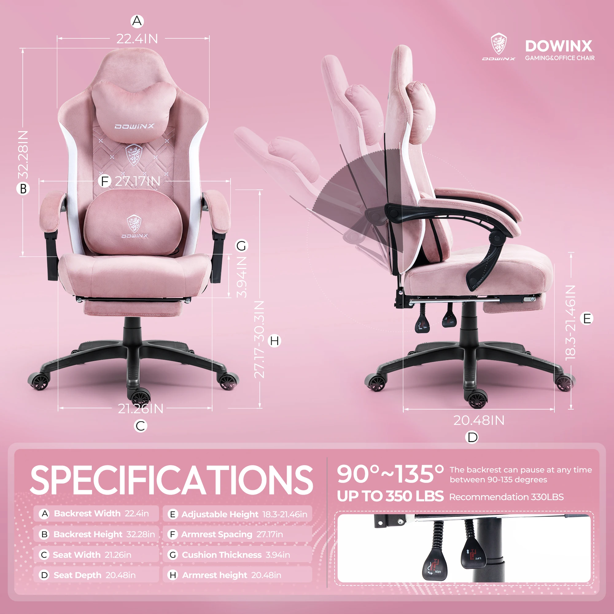 Dowinx Gaming Chair with Heated Massage Lumbar Support, Breathable Fabric Office Chair with Pocket Spring Cushion and Footrest, 6