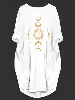 Plus Size 1XL-5XL Women Casual Moon & Sun Print Asymmetrical Hem Dress Ladies Casual Loose Style Elegant Crew Neck Dress