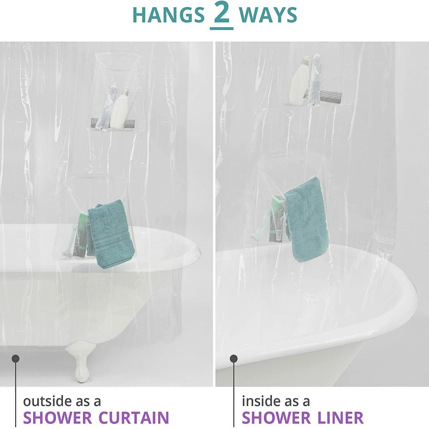 Effortless organization with stylish mesh pockets and convenient shower caddy for a clean and dry bathroom. Sturdy, high-quality