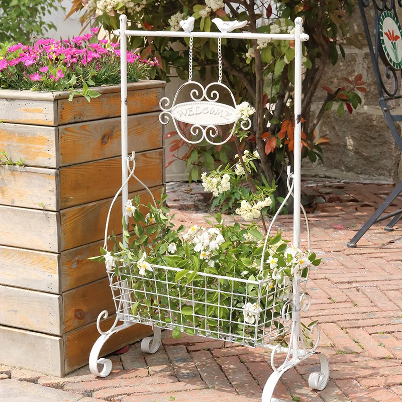 European Style White Flower Rack Wrought Iron Do Old Flower Basket for Garden Balcony Floor Welcome Sign Shop Window Plant Stand