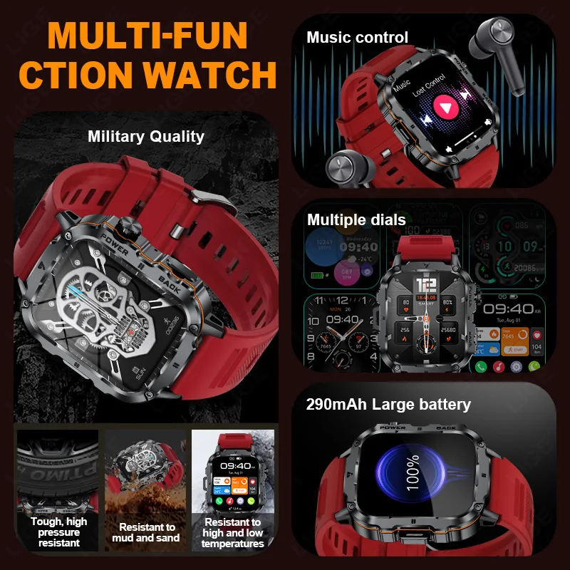 2025 Rugged Military Smart Watch Men Outdoor Watches lP68 Waterproof 1.95" Al Voice Bluetooth Call Smartwatch For Android lOS