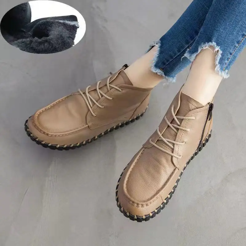 

Luxury Lace Up Western Boots Woman Waterproof Real Authentic Leather Shoes Size 42 Fur Booties Elderly Women Plush Ankle Boots