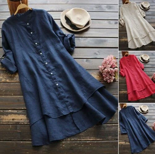  - 2023 Spring Summer New Women Solid Button Cotton Linen Cardigan Long Sleeve Long Shirt Women Muslim Dress Arab Casual Dress