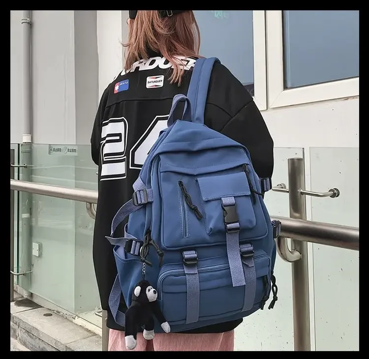 Preppy Style Black Backpack Unisex Women Men Backpack Nylon Waterproof Multi-Pocket Design Mochilas Teenagers Shoulder Bag