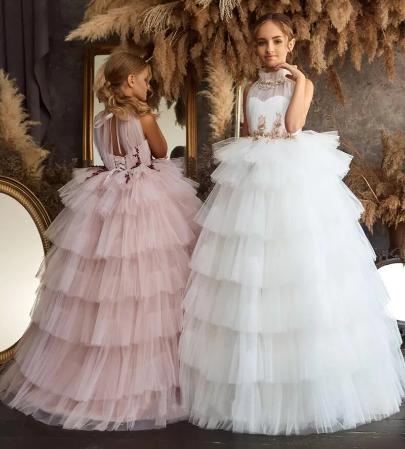 

Gorgeous Fluffy Flower Girl Dress Appliques Tulle Long Length Ball Gown Princess Pageant Gown First Communion Dress
