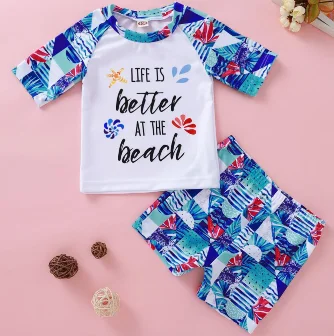 

Baby Boys Summer Swimsuit Set Short Sleeve Letter Print O-neck Tops Elastic Waist Swim Trunks Kids 2Pcs Bathing Suit