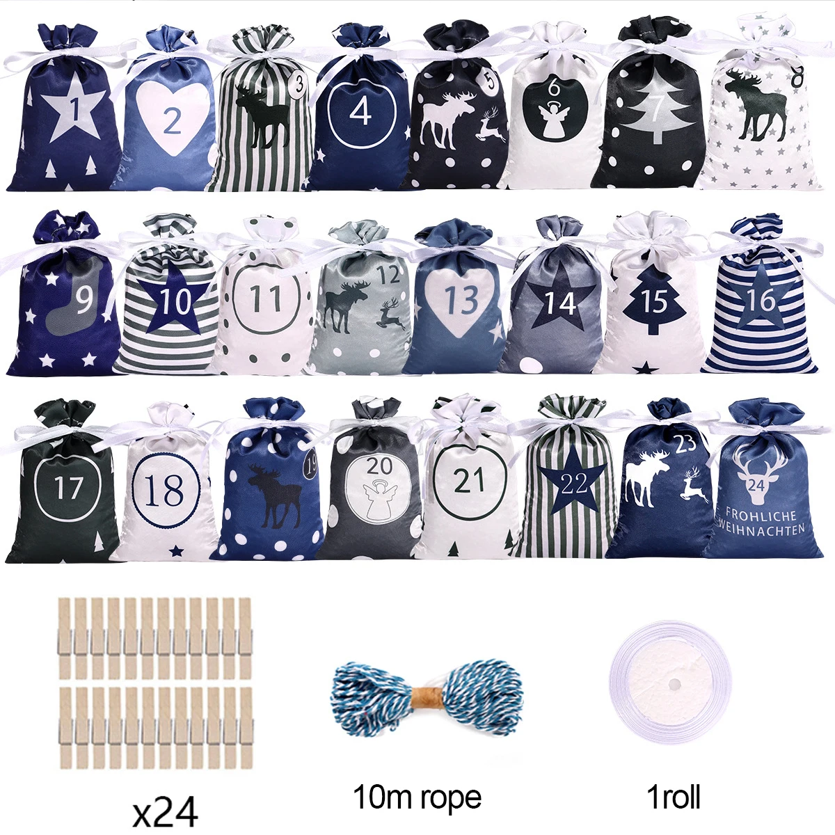24Days Christmas Advent Calendar Bag Xmas Gift Bags With Clips Wall Hanging Drawstring Bag Christmas Countdown Advent