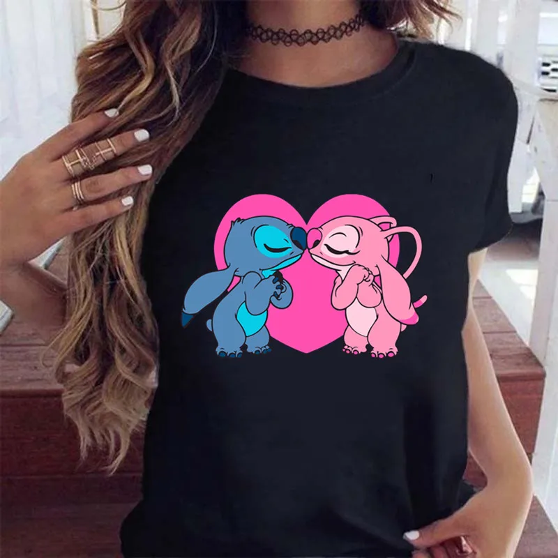 New Fashion Female Clothing Cartoon Disney Stitch Women's T-shirt Summer Short Sleeve Black Tops 5