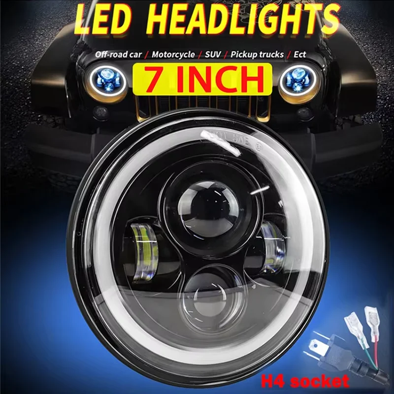 7인치 오토바이 LED 헤드라이트 7인치 헤드라이트 엔젤아이 DRL 원형 LED 방향지시등 랭글러 헤드램프 (지프 랭글러 JK TJ용)