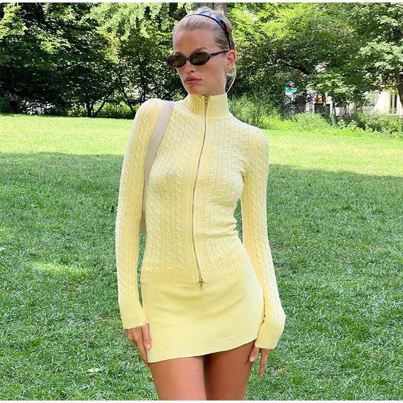 Casual Knitted Solid Zipper Sweater Woman Vintage Slim Fit Stand Collar Cardigan Sweaters Lady Autumn Versatile Street Knitwear