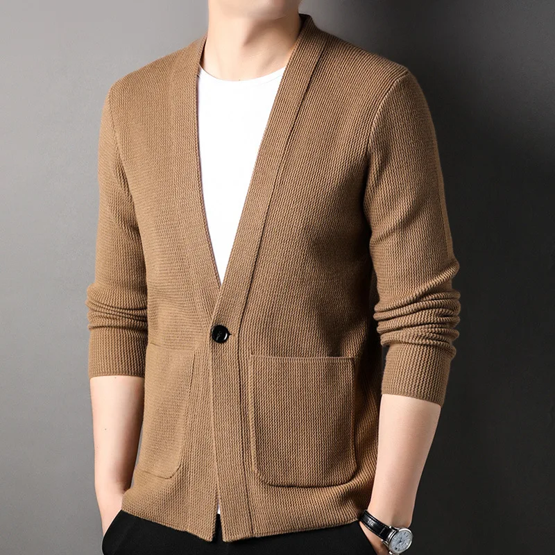 

Man Knitted Cardigan Outerwear Boys Khaki Autumn Minimalist Pocket Cardigan Sweater Long Sleeve Oversized Sweaters Knit Top 3xl