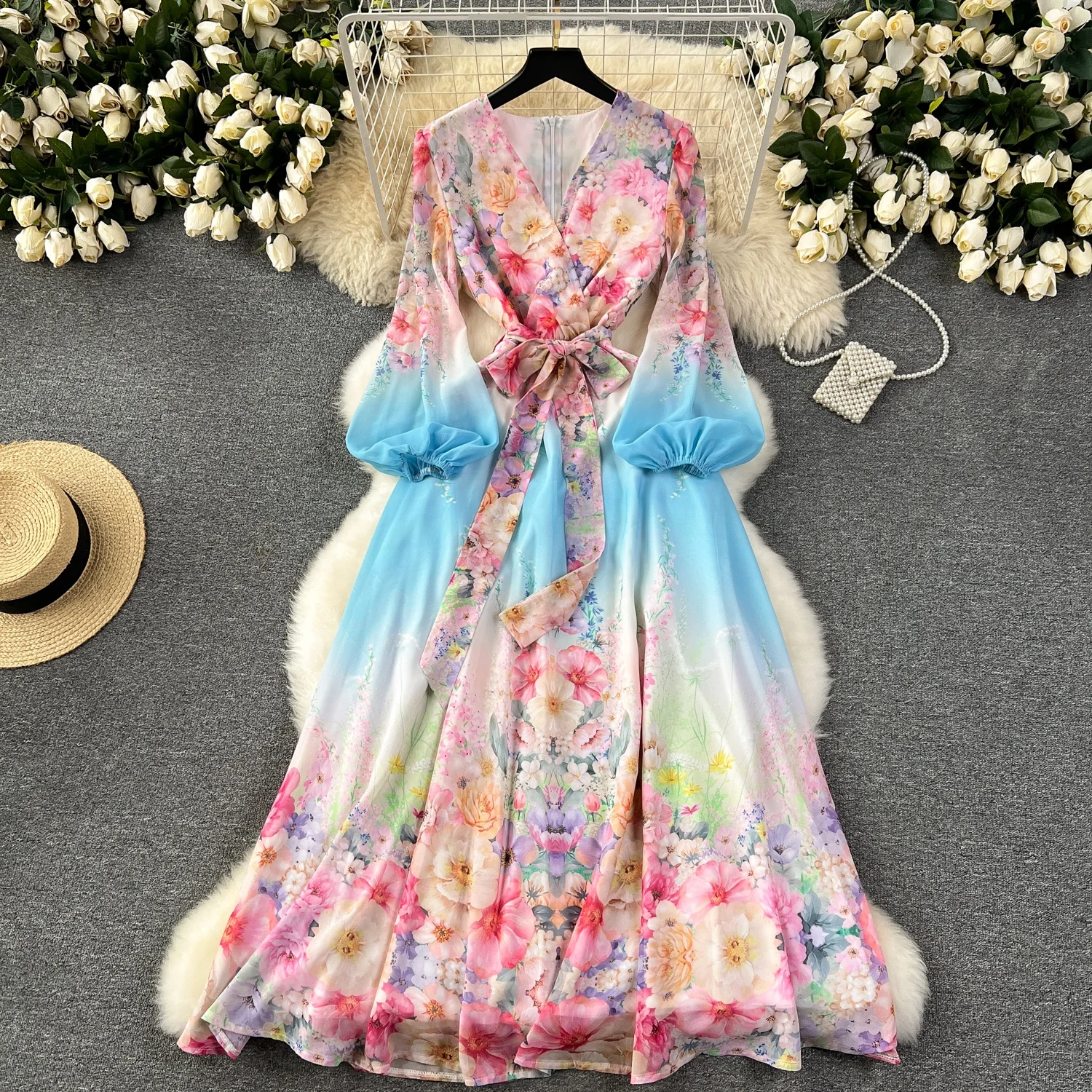 

Clothland Women Elegant Floral Maxi Dress V Neck Sashes Long Sleeve One Piece Print Chiffon Long Dresses Vestido QD519