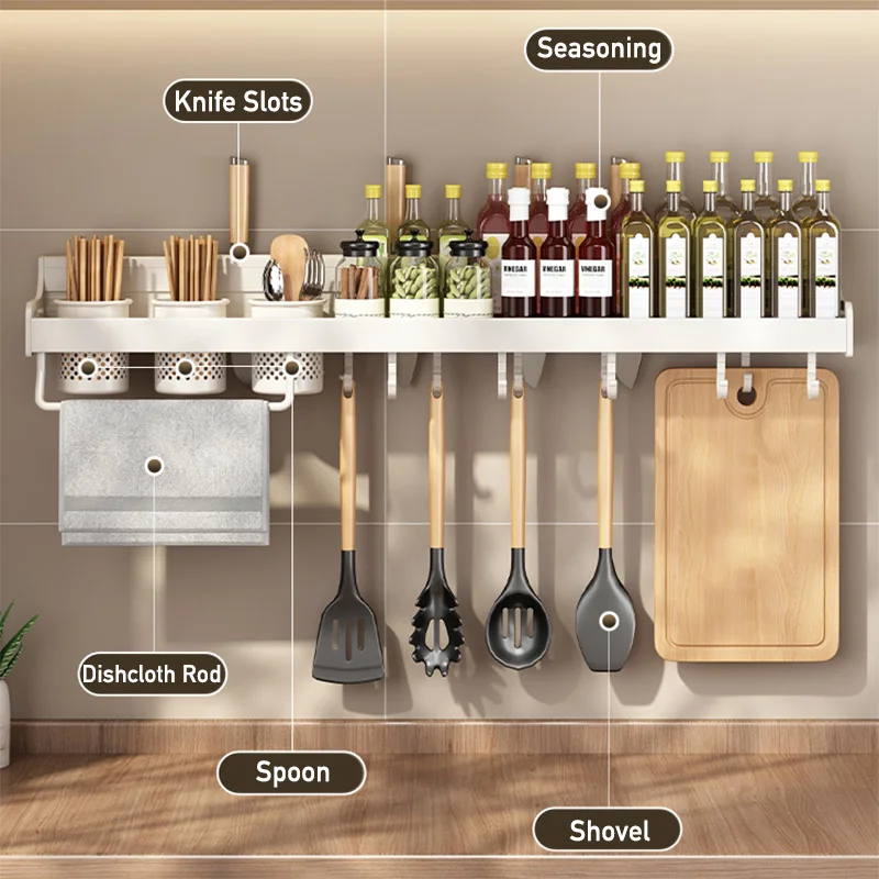 No Drill Kitchen Storage Rack Aluminum Wall Mount Spice Seasoning Spoon Knife Stand Holder Rag Dishcloth Rack Organizer Shelf