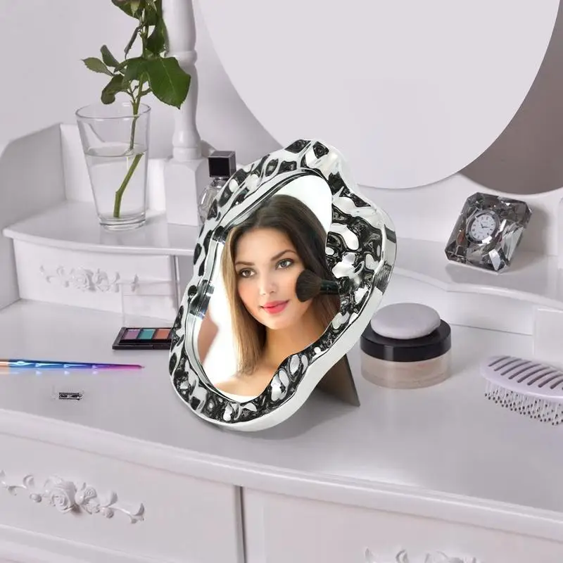 Desktop Mirror Aesthetic Desk Mirror With Stand Irregular Wave Design Stylish Cosmetic Tool For Kids Adults Student Dormitory