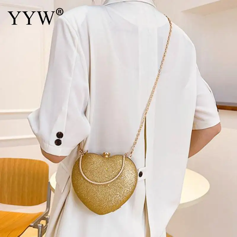 Multi Color Love Heart Shape Women Clutch Purse Glitter Sequins Shiny Diamond Metal Top Handle Handbag Crossbody Chain Lady Bag
