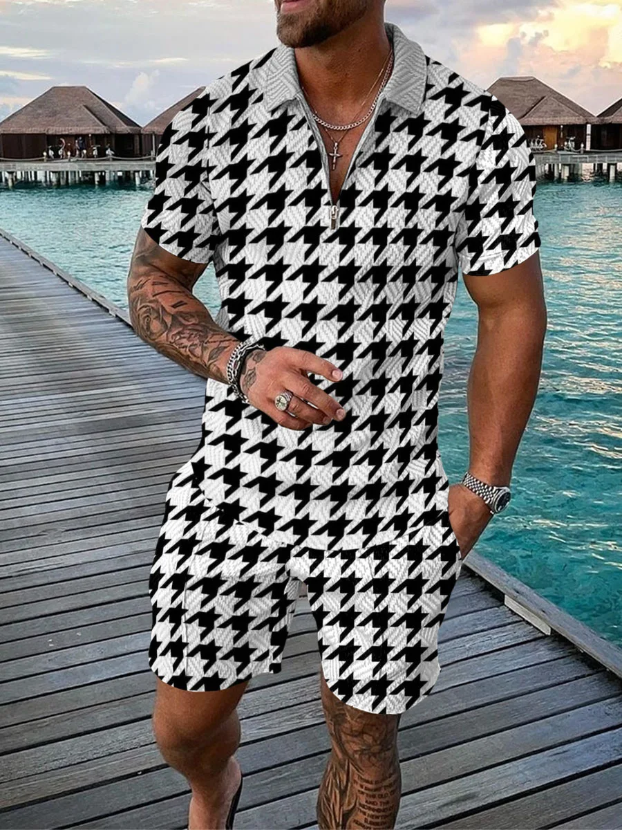 

Hawaii Men 2pcs sets 3D print Zipper Polo Shirt Short Sleeve Shirt+Shorts Casual Fashion New Zip-Up Unisex 2PCS Sweatshirt