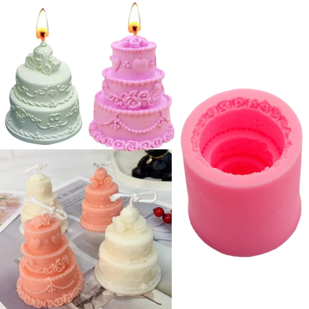 

3D Birthday Cake Shape Candle Silicone Mold DIY 3 Layer Tower Home Decor Handmade Soap Art Candle Making Tool Clay Plaster Mould
