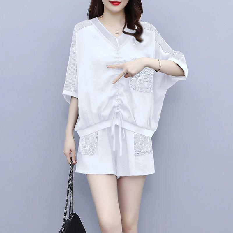 

Женский спортивный костюм большого размера 5XL, короткий костюм, футболка с вырезами и брюки, комплект из двух предметов, подходящая одежда, женская спортивная одежда, лето 2022