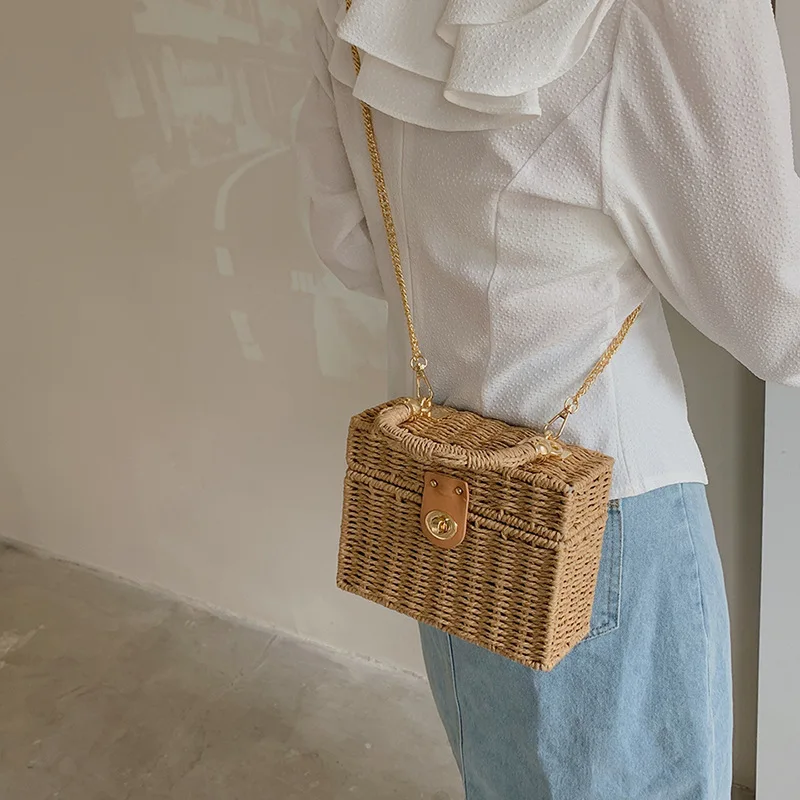 Straw Woven Box Bag Fashion Shoulder Bag Crossbody Bag Beach Vacation Style  Square Bag