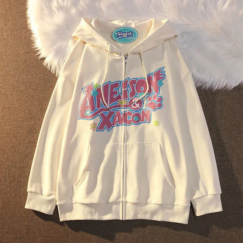 Hoodies Retro Letter Printing Sweetwear And Cool Women Early Spring New American Style Couple Sweatshirt Cardigan Jacket 2023