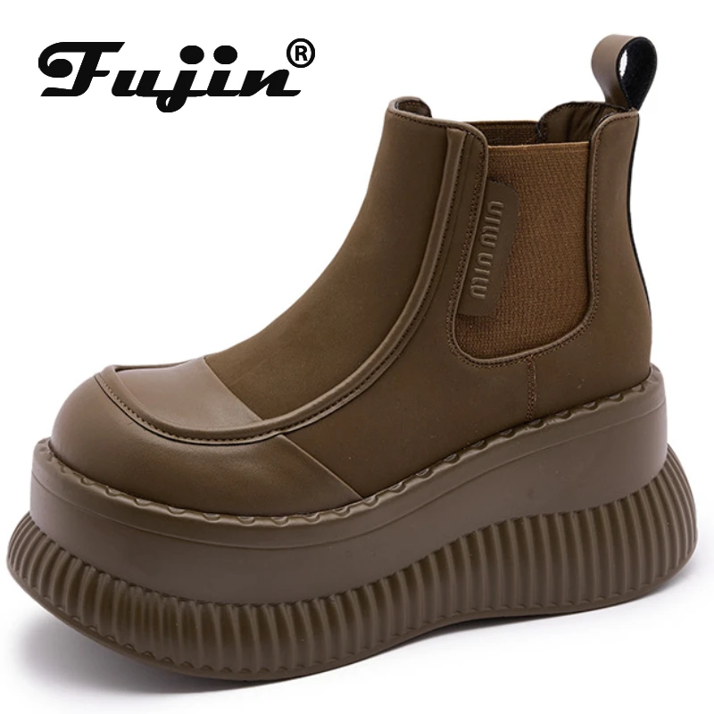 

Fujin 8.5cm Microfiber Leather Elastic Booties Platform Wedge Motorcycle Spring Autumn Women Ankle Casual Shoes Big Toe Slipon