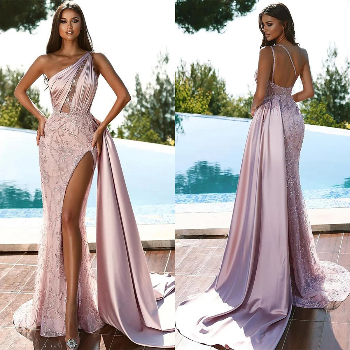 

Elegant Celebrity Dresses For Women Appliques Skirt Slim Fit Sleeveless One-Shoulder Sweep Train Backless Gown Prom Party
